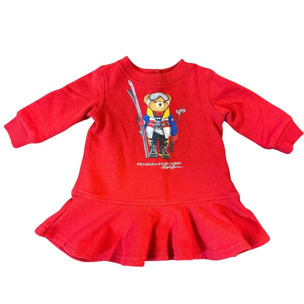 Ralph Lauren Polo Bear Fleece Dress Baby Girls 3 Months Red Ruffle Long Sleeved